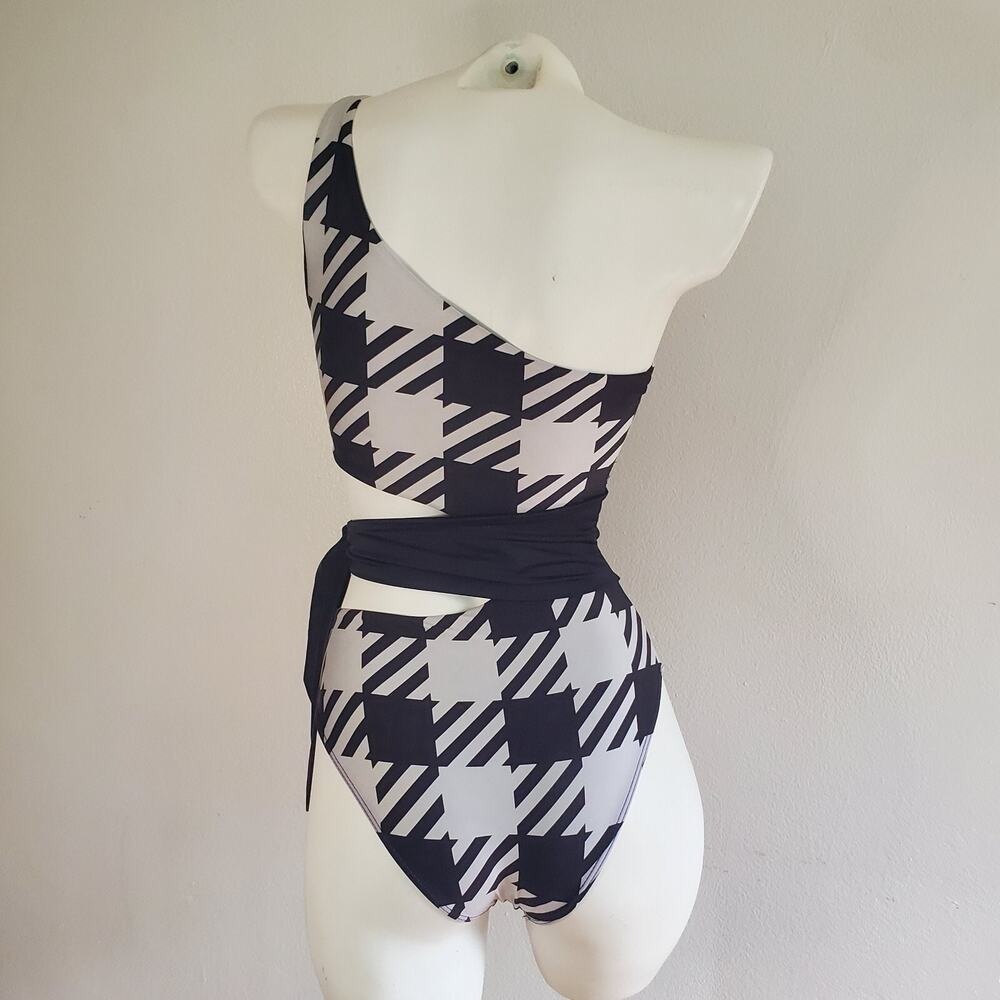 Revolve Beach Riot Carlie One Piece Swimsuit XS Houndstooth Belted Cutout NEW - Picture 3 of 16